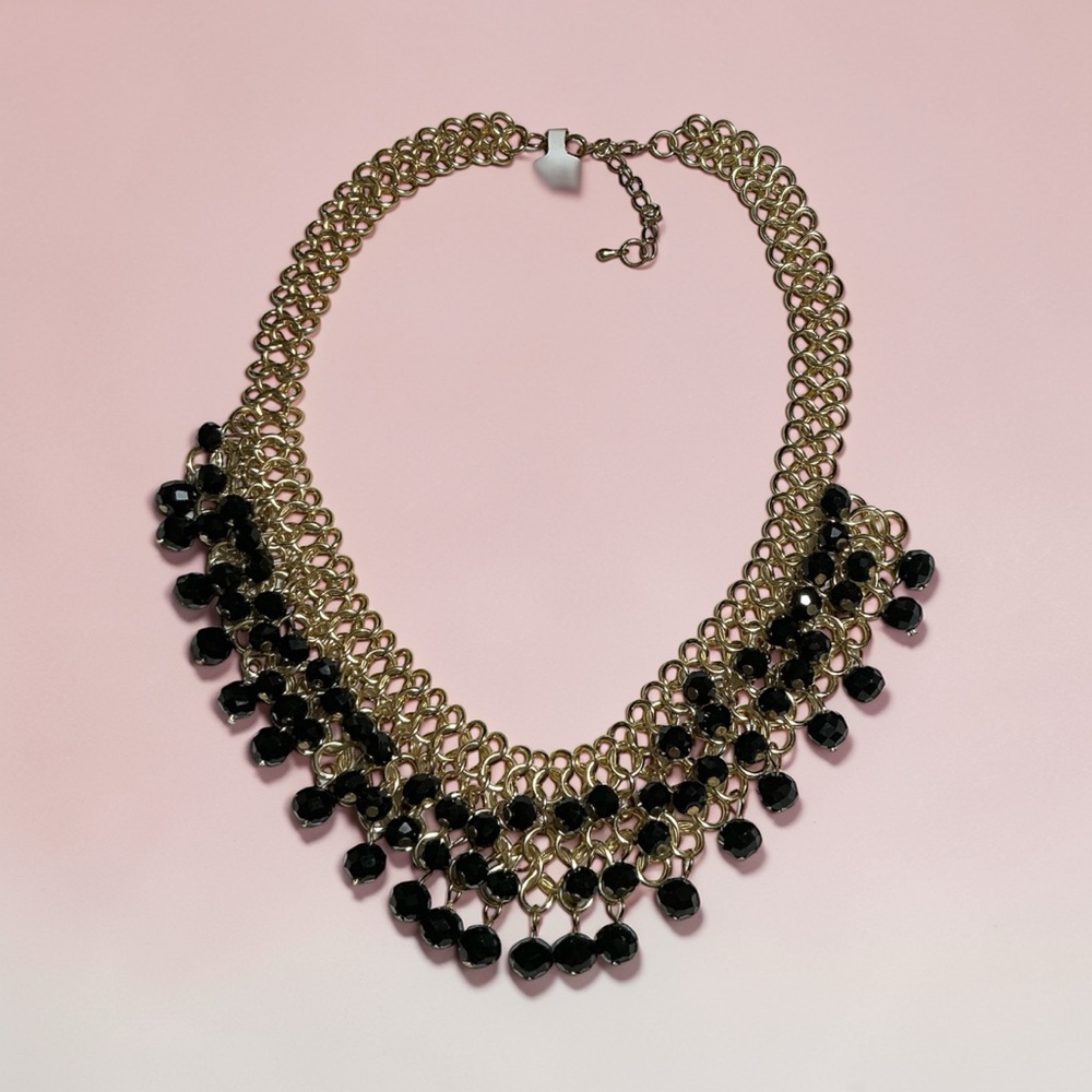 Gold Chain Statement Necklace with Black Bead Fringe